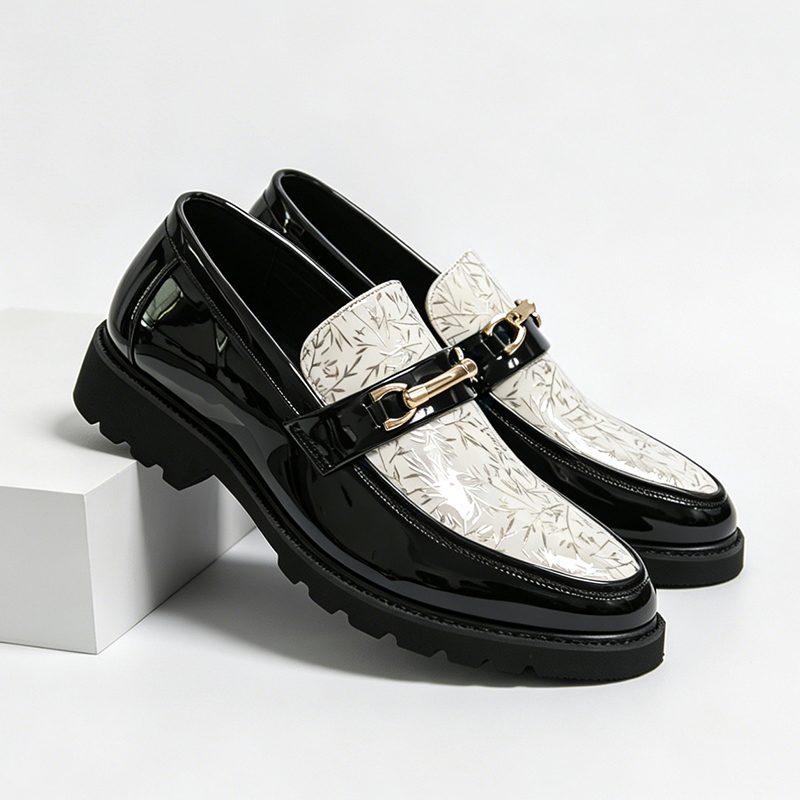 Men Formal Wear Shoes - 남성 투톤 대나무 프린트 에나멜 가죽