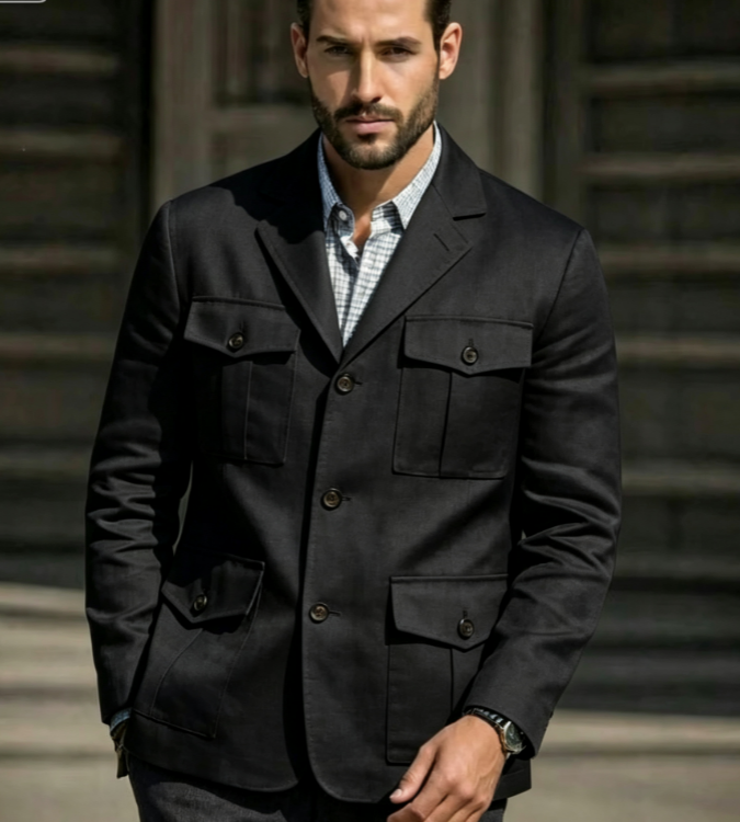 Men'S Formal Resort Wear - 블루 린넨 사파리 블레이저 남성 빈티지