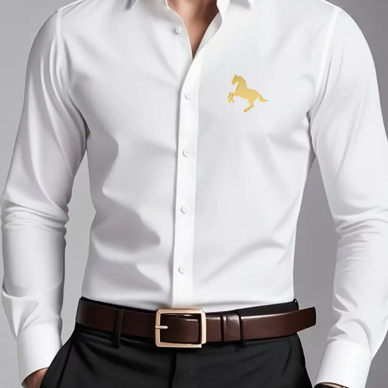 우아한 황금 말 로고 프린트 남성 셔츠 슬림핏 긴팔 캐 - Men Formal Wear Shop 리뷰 및 가격