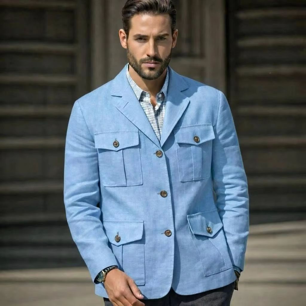 블루 린넨 사파리 블레이저 남성 빈티지 캐주얼 레저 헌 - Men'S Formal Resort Wear 리뷰 및 가격