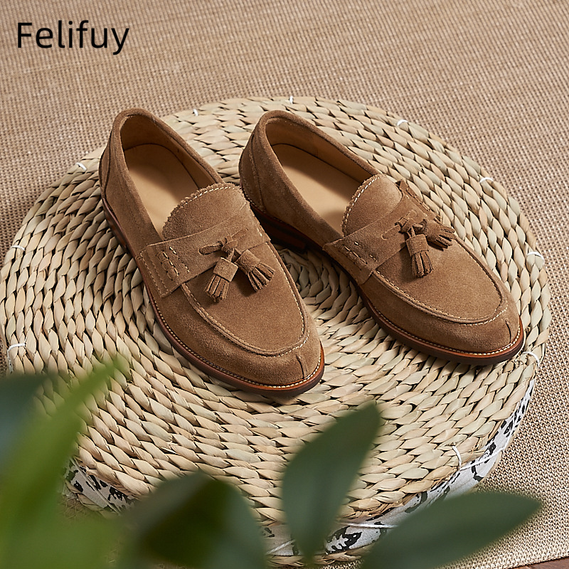 새로운 브라운 남성 플랫 로퍼 소가죽 스웨이드 태슬 캐 - Men Formal Wear Shoes 리뷰 및 가격