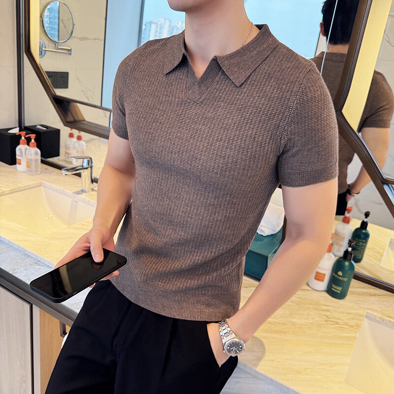 남성용 슬림핏 폴로 칼라 자카드 니트 스웨터 - 베이지 - Men'S Polo Formal Wear 리뷰 및 가격