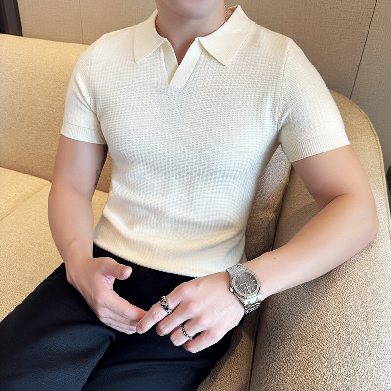 남성용 슬림핏 폴로 칼라 자카드 니트 스웨터 - 베이지 - Men'S Polo Formal Wear 리뷰 및 가격